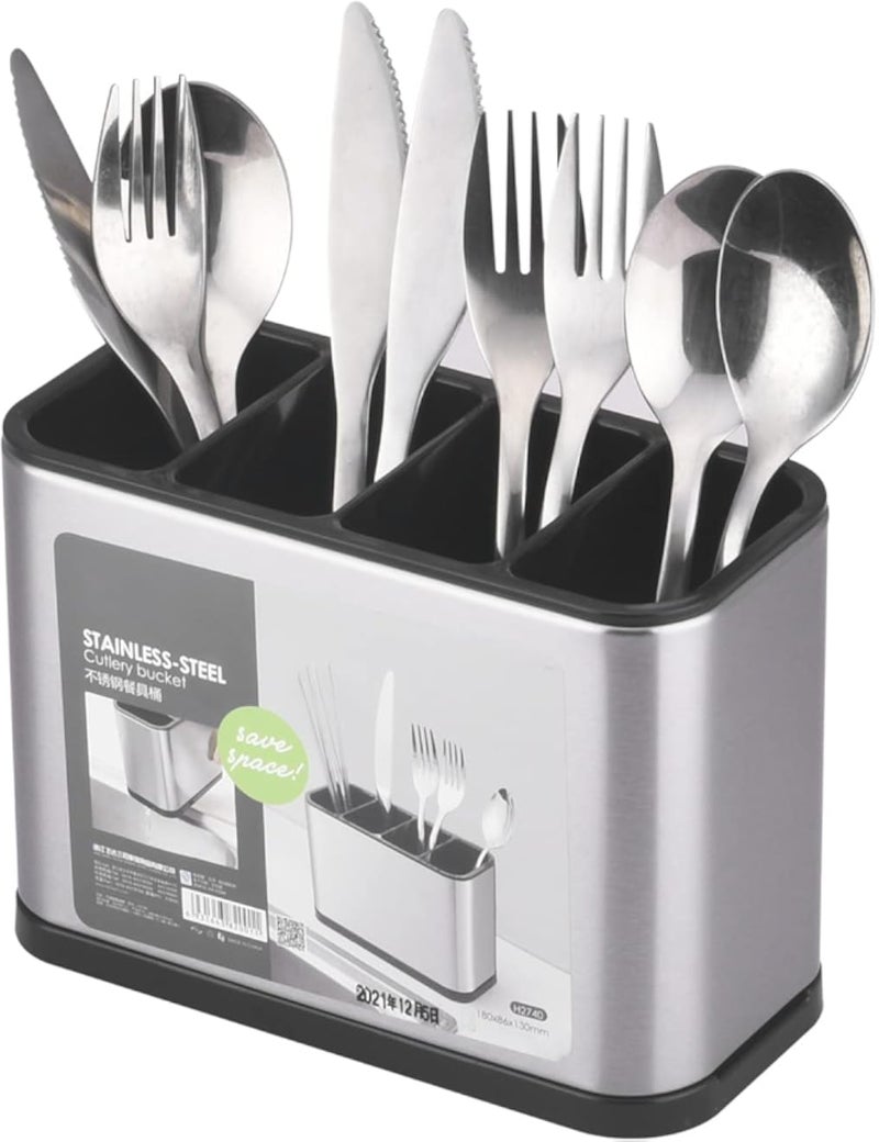 WanWanKa Kitchen Utensil Holder, Stainless Steel Flatware Organizer for Countertop, 4 Divided Utensil Caddy Counter for Spoon, Fork, Spatula (Large)